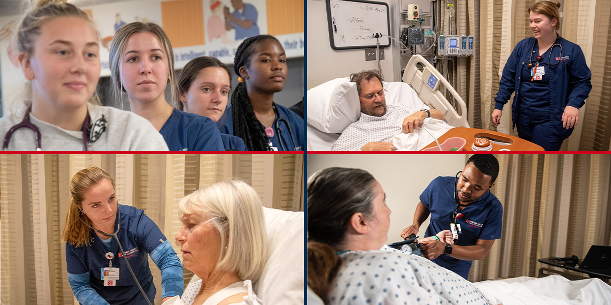 A grid of 4 pictures of nursing students